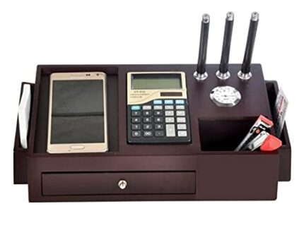 Woodhouse All in One Multi Storage Wooden Desk Organizer for Office Table, Wooden Pen Stand for Office Table with Clock, Calculator, Mobile Holder for Office Table & Student Study Table, Office Stand